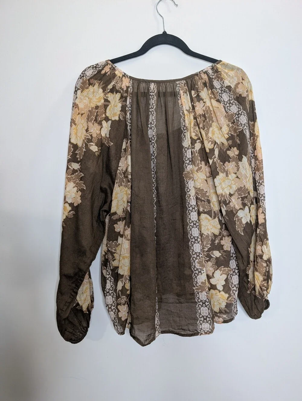 Free People Elena Printed Billowy Top Brown Floral Boho Peasant Blouse M